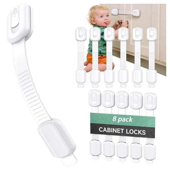 8 Pack Cabinet Locks Baby Proofing Heavy Duty - Child Safety Cabinet Locks for Drawers, Cupboards & Fridge – No Drill 3M Adhesive Locks for Pets - Toddler Safety Latches