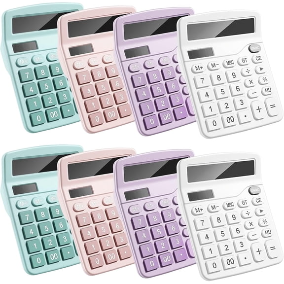 8 Pack Calculator Bulk,12 Digits Desktop Calculator with Large LCD Display and Sensitive Buttons,Solar and Battery Dual Power,Perfect for Office,School,Home(4 Colors)
