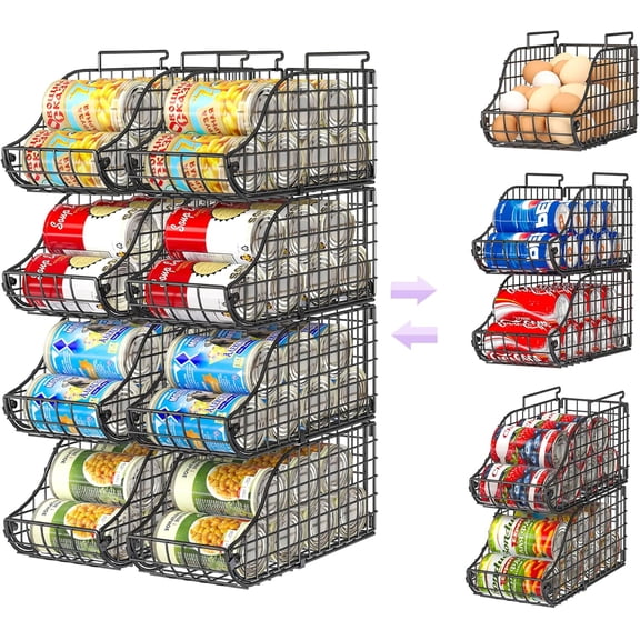 8-Pack Can Organizer for Pantry, Stackable Cabinet Food Shelves for Fridge, Wire Cupboard Storage, Holds up to 72 Beers,Small Metal Bin for Drink Beverage Egg Gillas, Rack for Kitchen Countertops RV