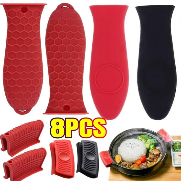 8 Pack Cast Iron Handle Cover, Heat Resistant Material Pot Handle Holders, Non-Slip Pot Sleeve for Cast Iron Skillets, Metal Pans, Griddles (Red,Black)