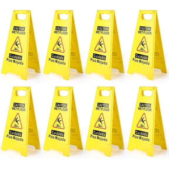 8-Pack Caution Wet Floor Sign,17.5" Height,Bright Yellow Double-Sided Folding A-Shaped Frame Design, Bilingual Caution Message