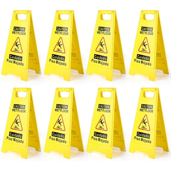 8-Pack Caution Wet Floor Sign,17.5" Height,Bright Yellow Double-Sided Folding A-Shaped Frame Design, Bilingual Caution Message