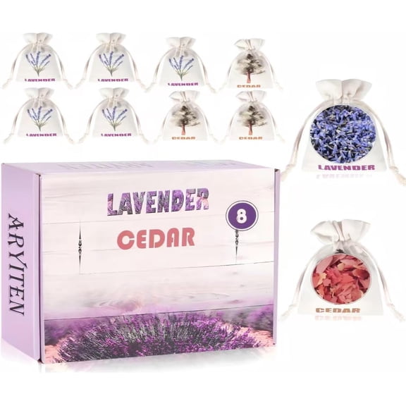 8 Pack Cedar Chips and Natural Dried Lavender Sachets Bags - Stop Clothes Damage, Cedar and Lavendar Home Fragrance Sachets for Drawers and Closets