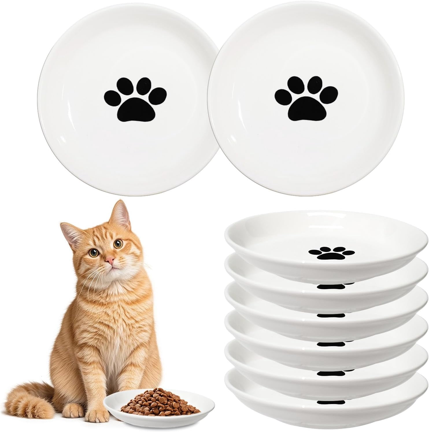 [8 Pack] Ceramic Cat Food Bowl, Cute Cat Bowls Whisker-Friendly, 5.9" Shallow Wide Kitten Plates, Easy to Clean Indoor Feeding Dishes