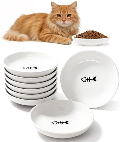 8 Pack Ceramic Cat Food Bowl, No Spill Cat Bowls Whisker-Friendly, Cute 5.9" Shallow Wide Kitten Plates, Easy to Clean Indoor Feeding Dishes