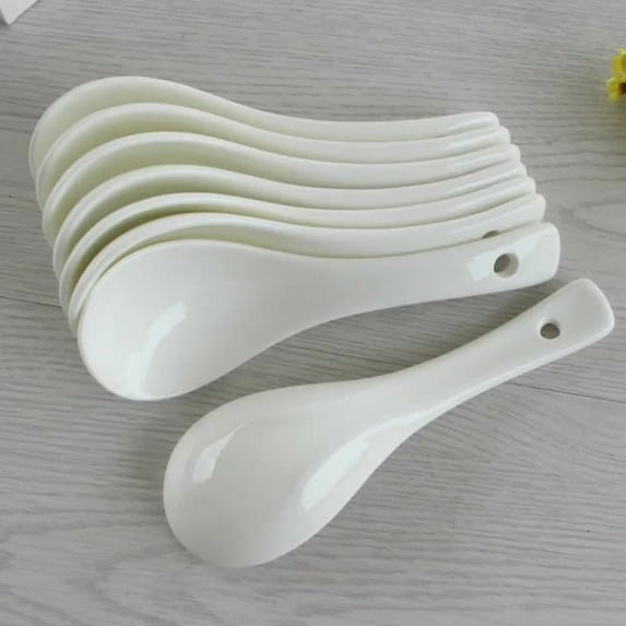 8 Pack Ceramic Soup Spoons Bulk 6" Asian Soup Spoon Set Bright White Ultra Fine Porcelain Tablespoon with Deep Oval Hook Design Dishwasher Safe for Dumpling Cereal