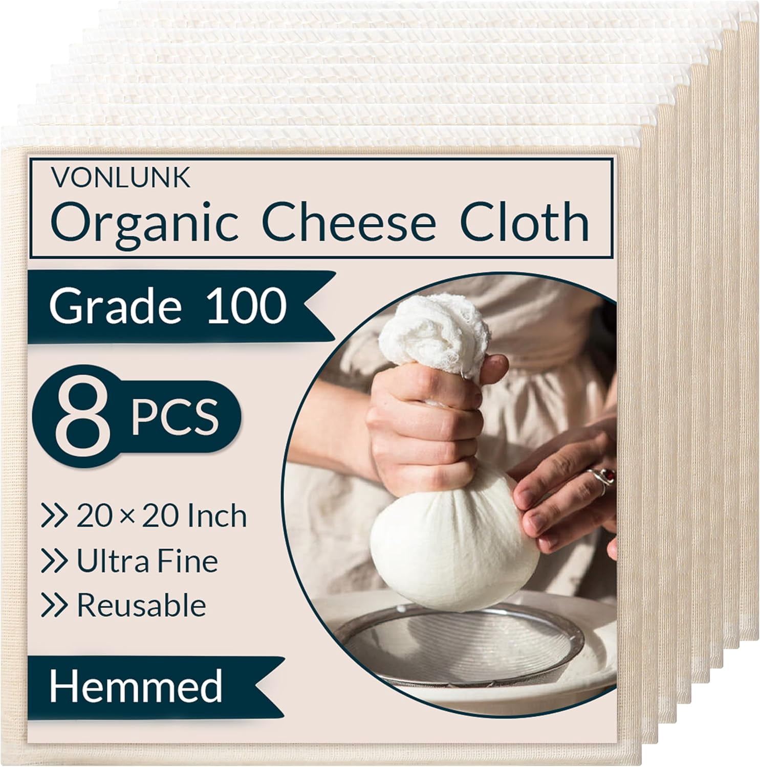 8-Pack Cheesecloth, 20x20 Inch Organic Hemmed Cheese Cloth for ...