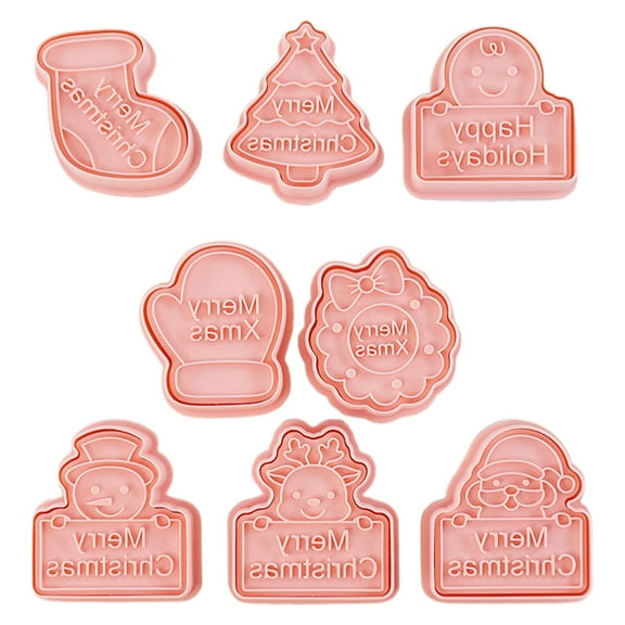 8 Pack Christmas Cookie Cutter Set, 3D Cookie Cutters for Baking Pink DIY Press Cookie Stamps Molds Shaped Mitten, Christmas Tree, Stockings, Santa Face, Merry Christmas, etc(Pink,2x2")