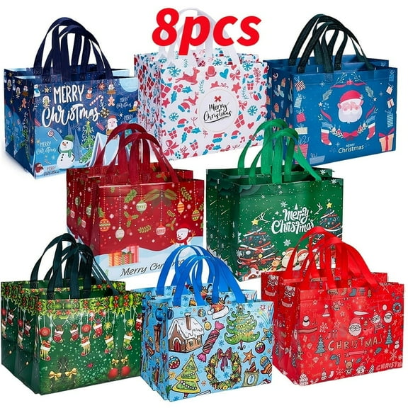 8 Pack Christmas Gift Bags, Reusable Christmas Tote Bags with Handles, Non-Woven Holiday Gift Bags for Christmas Gift Wrap/Party Favor Supplies, 12.8x6.7x9.8"