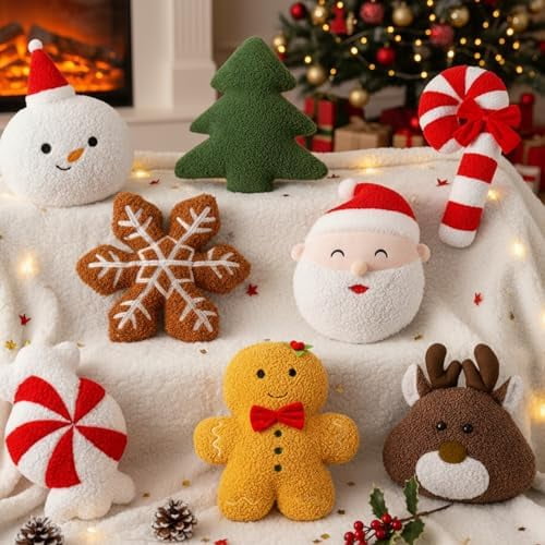 8 Pack Christmas Throw Pillows 8''-14'' Decorative Gingerbread Candy Cane Peppermint Xmas Tree Snowflake Elk Santa Claus Stuffed Pillow Sofa Cushion for Christmas Party Couch Decoration