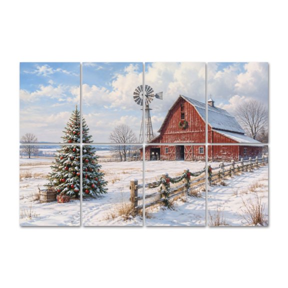 8 Pack Christmas Tree Red Barn Art Acoustic Panels Self-Adhesive Snowy Winter Landscape Country Decorative Sound Absorbing Wall Panels, Sound Panels for Recording Studio Living Room 48"x32"