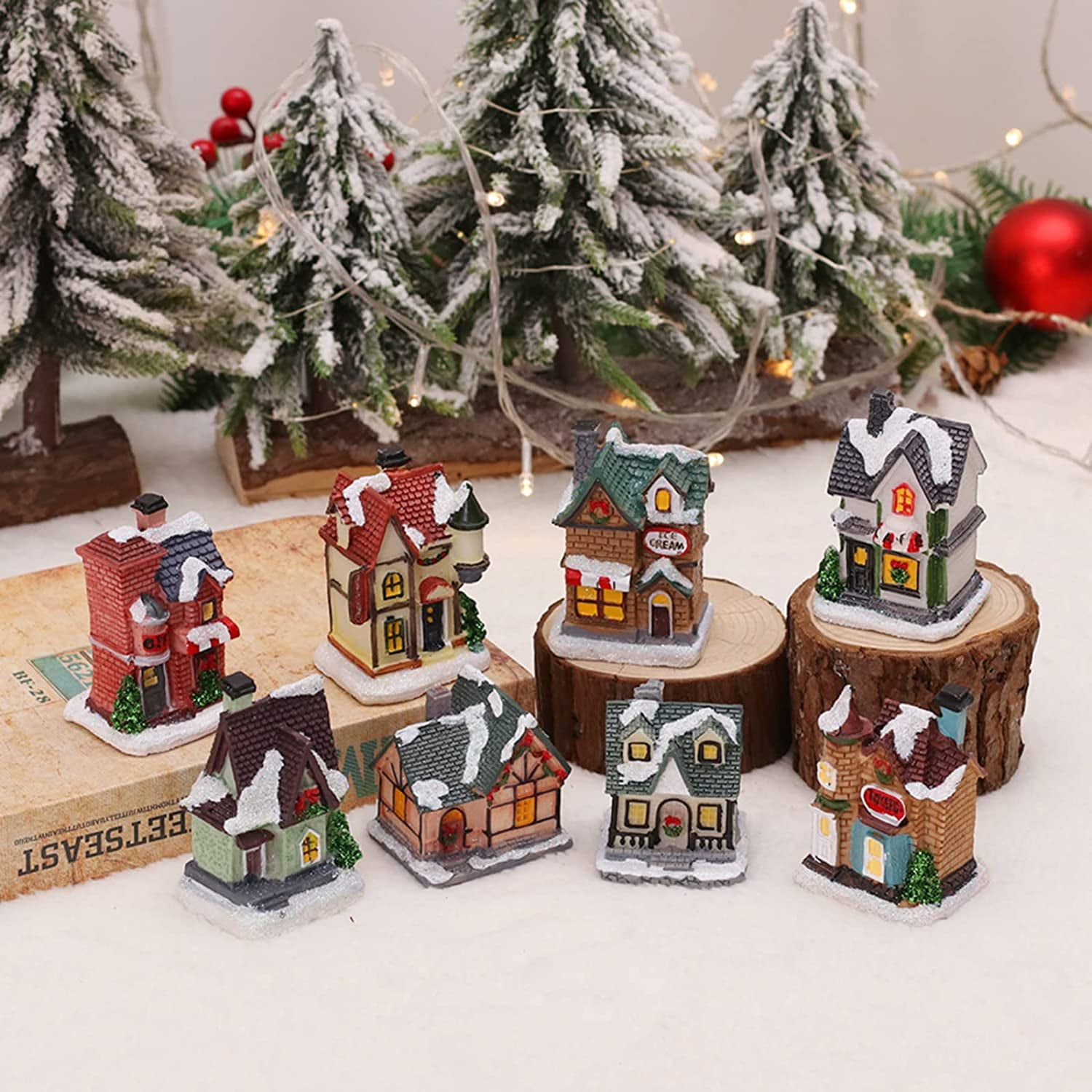 8 Pack Christmas Village Light Up House Resin Christmas Scene Village