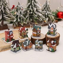 8 Pack Christmas Village Light Up House Resin Christmas Scene Village Houses Town Winter Snow Village with LED Light Battery Operate Christmas Ornament Xmas Gift Holiday Tabletop Decorations