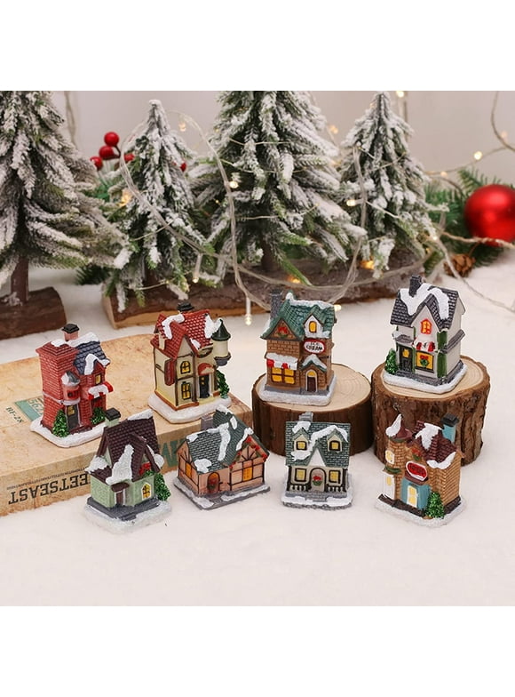 8 Pack Christmas Village Light Up House Resin Christmas Scene Village Houses Town Winter Snow Village with LED Light Battery Operate Christmas Ornament Xmas Gift Holiday Tabletop Decorations