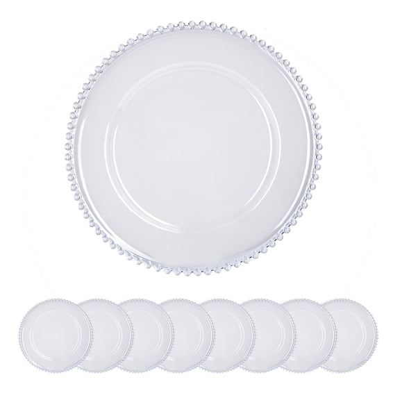 8 Pack Clear Beaded Rim Plastic Charger Plates, 13 Inch Round, for Weddings, Parties, and Home Dining