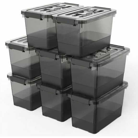 8-Pack Clear Black Plastic Storage Bins with Lids/Handles, 7 Quart Latch Organizer Boxes, Stackable Storage Containers for Organizing$$Home Decor, Kitchen, & Other