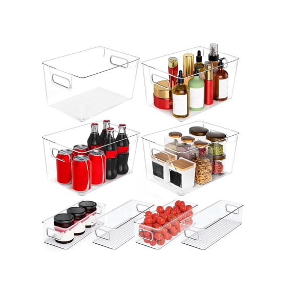 8 Pack Clear Fridge Organizer Bins with Handles, 4 Large and 4 Small Pantry Storage Bins