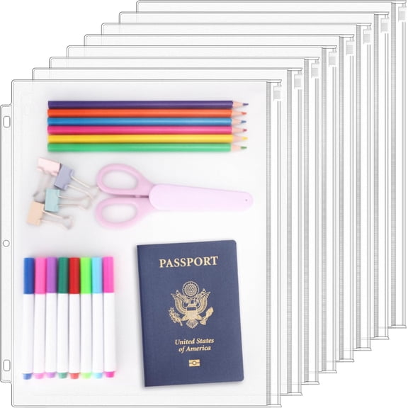 8 Pack Clear Letter Size Binder Pockets 3 Ring Binder Zipper Pouch Document Organizer, Waterproof PVC 3-Hole Loose Leaf File Bags Insert Sleeves Page Sheet Protectors Business Office Supplies