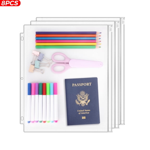 8-Pack Clear Letter-Size Binder Pockets, 3-Ring Binder Zipper Pouches Document Organizer | Waterproof PVC 3-Hole Loose-Leaf File Bags, Insertable Sleeve Page Protectors for Business & Office Supplies