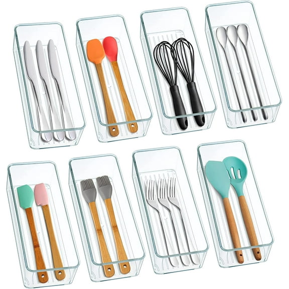 8 Pack Clear Plastic Drawer Organizer Bins Set, Stackable Cutlery Storage Bins Trays for Organizing Kitchen, Bathroom, Office, Crafts, Gadgets, Cabinet Supplies