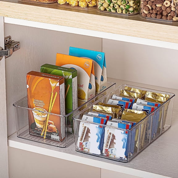 8-Pack Clear Plastic Food Storage Organizer Bins - 4-Compartment Holders for Pantry, Kitchen, Fridge & Cabinet Organization