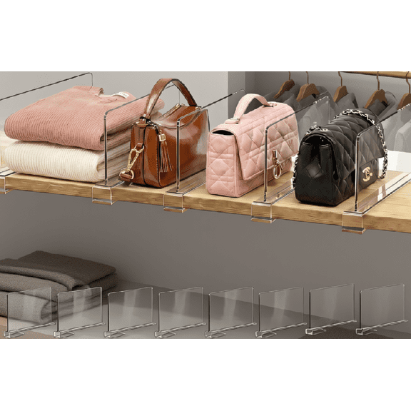 8-Pack Clear Shelf Dividers, 6-Inch Closet Organizer for Handbags Clutches Purses, Clamp-On Wood Shelf Separator