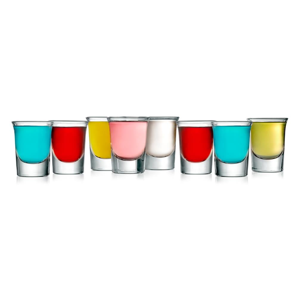 Glass Juice Shot Bottles Set w/ Colored Lids & Grip Bands, 8 Pack Set