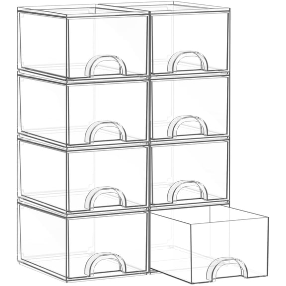 8 Pack Clear Stackable Plastic Storage Drawers for Art Tools, Makeup and Desk Organization