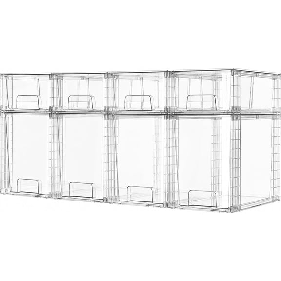 8 Pack Clear Stackable Storage Drawers, Pull-Out Organizers, 4 Tall and 4 Small for Under Sink, Pantry, Bathroom, Closet and Kitchen Cabinets