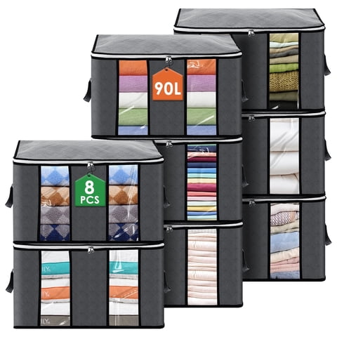 8 Pack Clothes Storage Bags Organizers, Large Closet Storage Bags with Reinforced Handle, Foldable Clothes Storage Bags Closet Organizers, Blanket Storage Bags for Bedding, Clothes-Gray