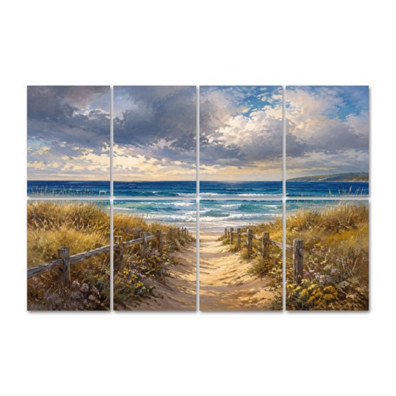 8 Pack Coastal Beach Pathway Art Acoustic Panels Self-Adhesive Ocean Waves Wooden Fence Posts Decorative Sound Absorbing Wall Panels, Sound Panels for Recording Studio Living Room 48"x32"