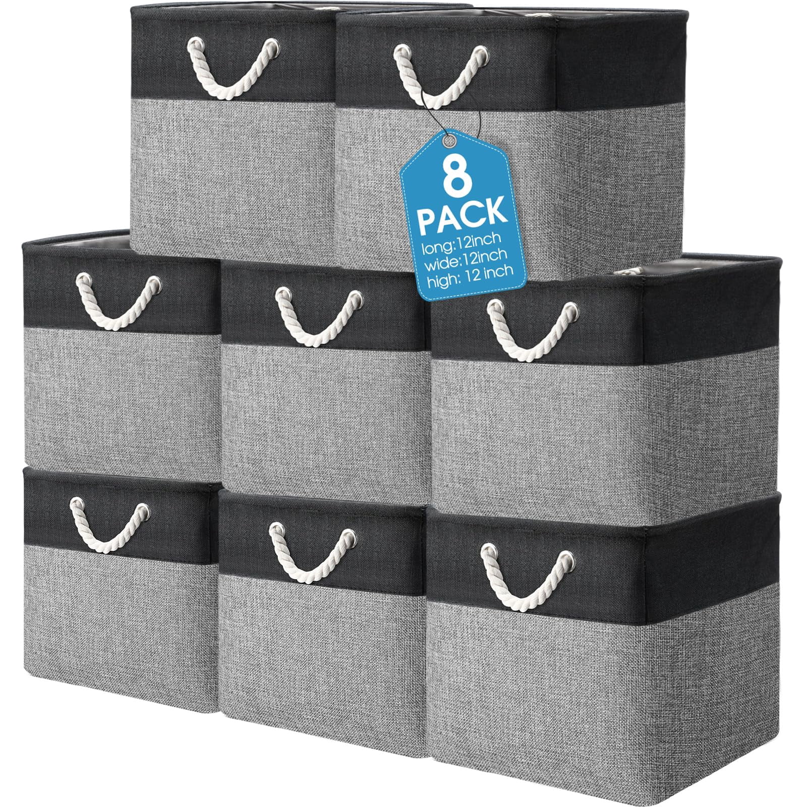 8 Pack Collapsible Storage Bins Fabric Storage Bins Polyester Fabric Baskets with Handles Linen Closet Organizer for Shelf Home Closet Towels Toys(12 x 12 x 12 in,Beige)