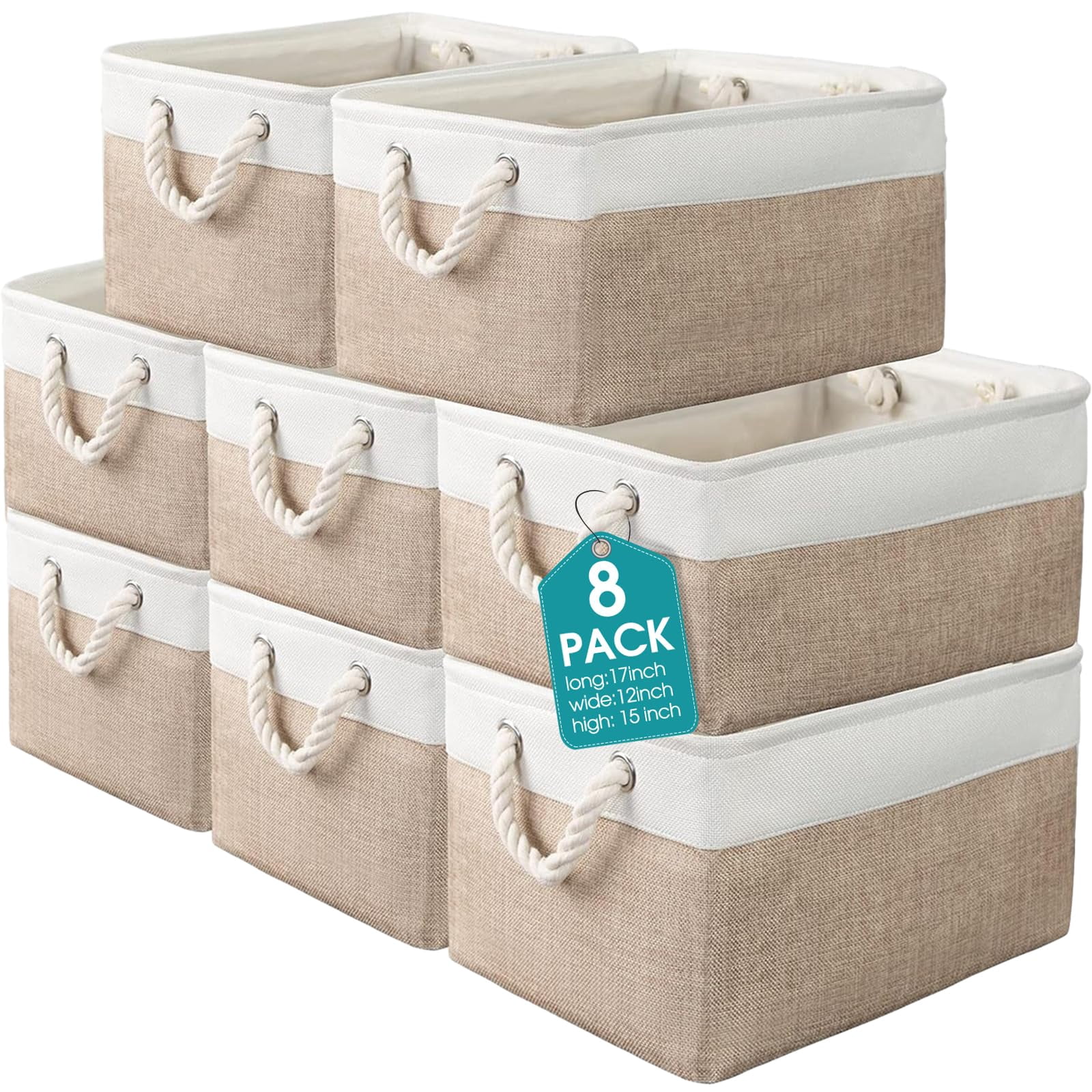 8 Pack Collapsible Storage Bins Fabric Storage Bins Polyester Fabric Baskets with Handles Linen Closet Organizer for Shelf Home Closet Towels Toys(12 x 12 x 12 in,Beige)