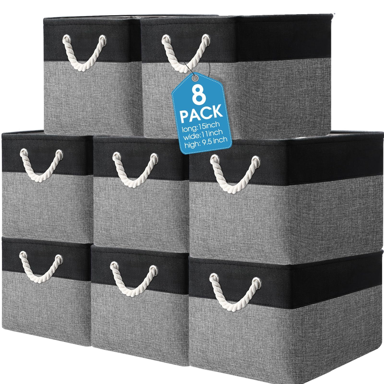 8 Pack Collapsible Storage Bins Fabric Storage Bins Polyester Fabric Baskets with Handles Linen Closet Organizer for Shelf Home Closet Towels Toys(12 x 12 x 12 in,Beige)