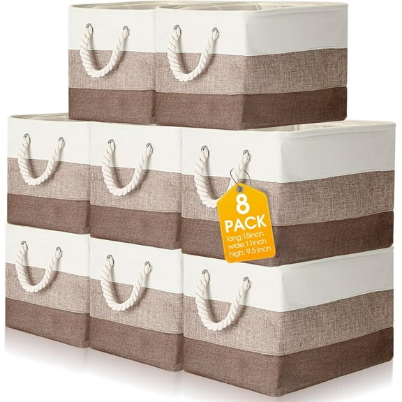 8 Pack Collapsible Storage Bins Fabric Storage Bins Polyester Fabric Baskets with Handles Linen Closet Organizer for Shelf Home Closet Towels Toys(15 x 11 x 9.5 in,Mixed Beige)
