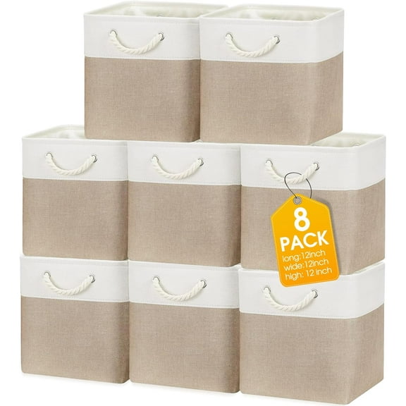 8 Pack Collapsible Storage Bins Fabric Storage Bins Polyester Fabric Storage Baskets with Handles Linen Closet Organizer for Shelf Home Closet Towels Toys (Beige,12 x 12 x 12 In)