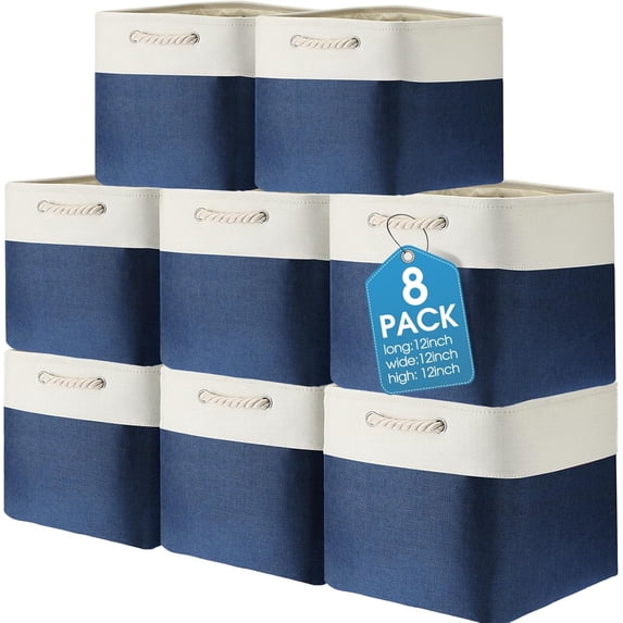 8 Pack Collapsible Storage Bins Fabric Storage Bins Polyester Fabric Storage Baskets with Handles Linen Closet Organizer for Shelf Home Closet Towels Toys (Blue White,12 x 12 x 12 In)