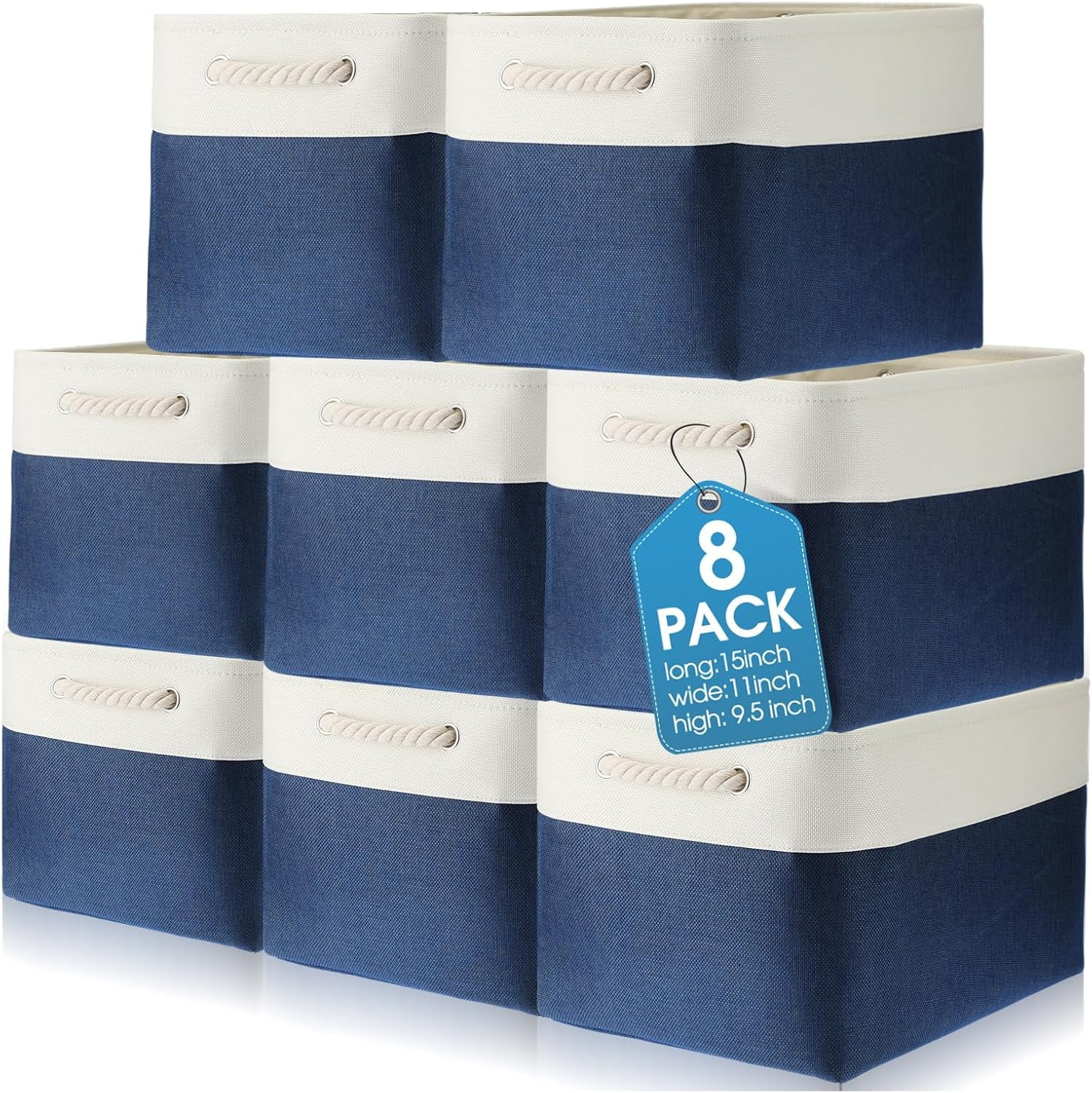 8 Pack Collapsible Storage Bins Fabric Storage Bins Polyester Fabric Storage Baskets with Handles Linen Closet Organizer for Shelf Home Closet Towels Toys (Blue White,15 x 11 x 9.5 In)
