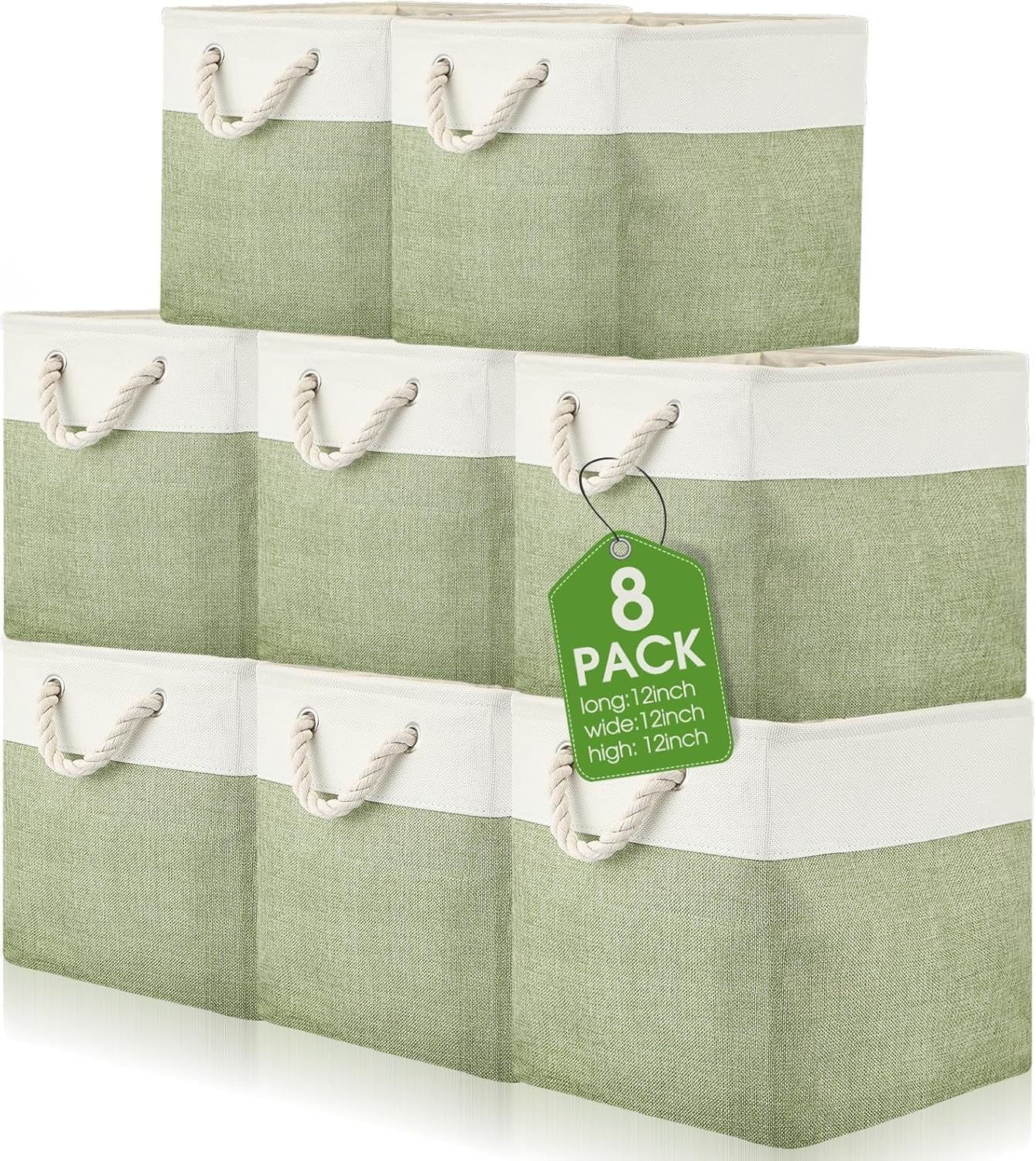 8 Pack Collapsible Storage Bins Fabric Storage Bins Polyester Fabric Storage Baskets with Handles Linen Closet Organizer for Shelf Home Closet Towels Toys (Green White,12 x 12 x 12 in)
