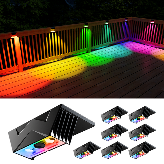 8 Pack Color Change Solar Fence Lights Outdoor Waterproof Led Accent RGB Lamp Decorative Lighting with Spot Len for for Deck, Railing, Stair, Wall