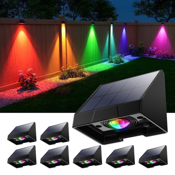 8 Pack Color Change Solar Fence Lights Outdoor RGB Decoration Waterproof LED Landscape Down Light for Deck, Patio, Railing, Stair, 8 Colorful Modes