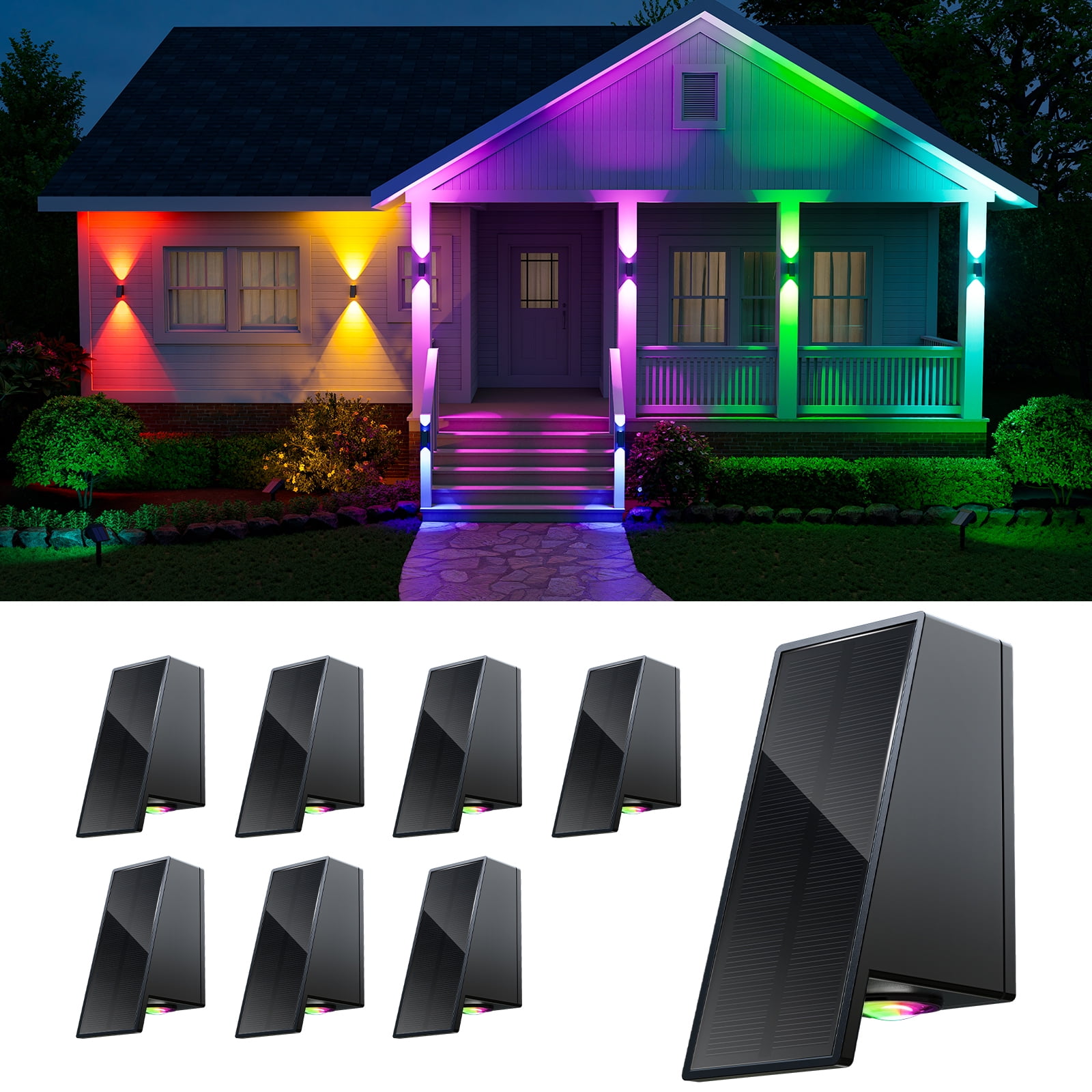 8 Pack Color Changing Solar Powered Fence Lights Outdoor Waterproof Wall Mount LED RGB Ambiance Lamps for Outside Patio, Deck, House, Pool Cage, Garden, Yard Decorative with 8 Colorful Lighting Modes