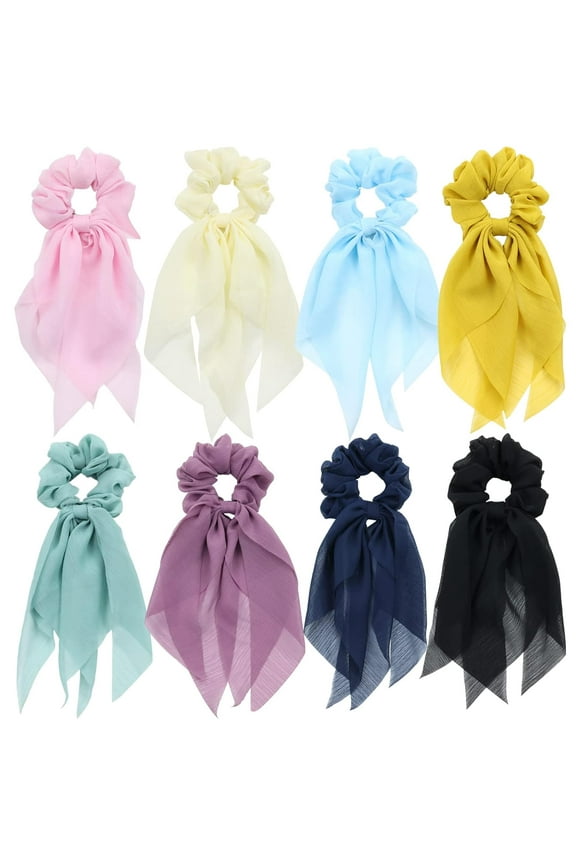 8 Pack Colorful Chiffon Long Ribbon Hair Ties Silk Tails Hair Bows for Girls Scarves Scrunchies for Thick Hair Ponytail Holders Scarf Headbands Elastics Hairbands 90s Hair Accessories for Women