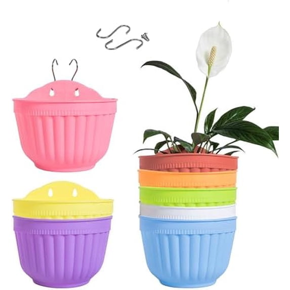 8 Pack Colorful Wall Hanging Planters for Indoor Outdoor Plants, Wall Hanging Plant Holder with Drainage Hole, Balcony planters Railing Hanging Pot, Plant Wall Mount Decor with Hooks/Screws