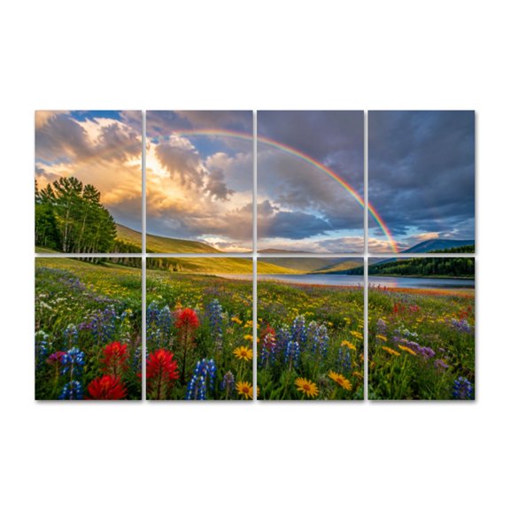 8 Pack Colorful Wildflower Meadow Art Acoustic Panels Self-Adhesive rainbow stormy sky clouds sunset nature Decorative Sound Absorbing Wall Panels for Recording Studio Living Room 48"x32"
