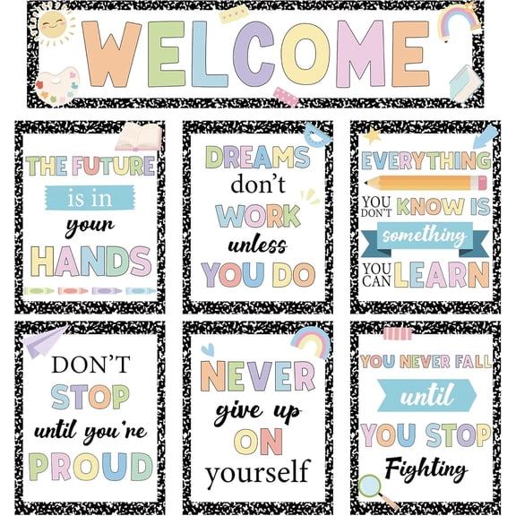 8 Pack Composition Motivational Posters for Classroom Laminated Welcome Inspirational Poster Pastel Positive Classroom Bulletin Board Decorations for Teacher Elementary Middle School Office Home Wall