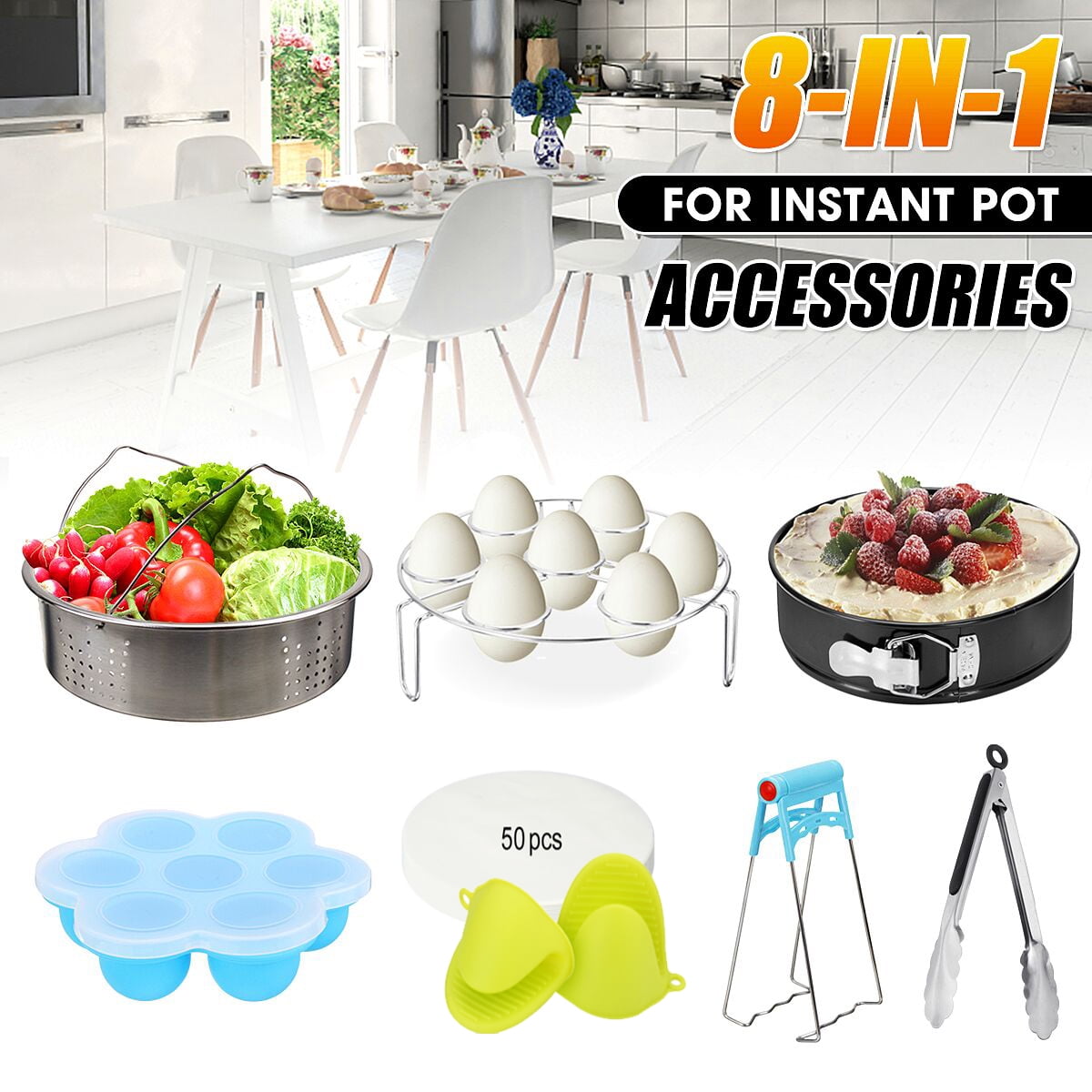 Accessories-Set-for-Insta-Pot, Accessory Compatible with Instant Pot 6 Qt 8  Quart, with Steamer Basket Cheesecake Pan Egg Steam Trivet Silicone Mold