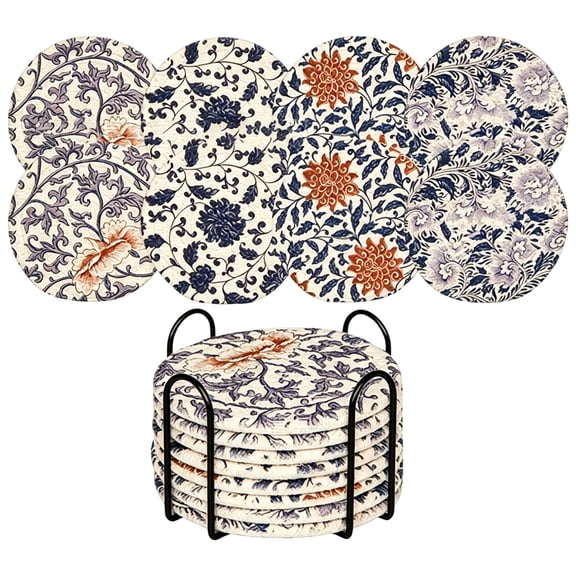 8 Pack Cotton Linen Coasters with Holder – Round, Absorbent, Heat-Resistant & Non-Slip for Coffee, Tea, Mugs; Boho Decor for Home, Office, Bar – Ideal Gift