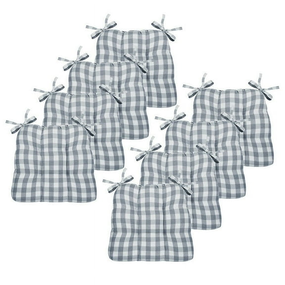 8 Pack Country Farmhouse Plush Buffalo Plaid Checkered Chair Cushion Pads With Tear Proof Ties - Gray/White