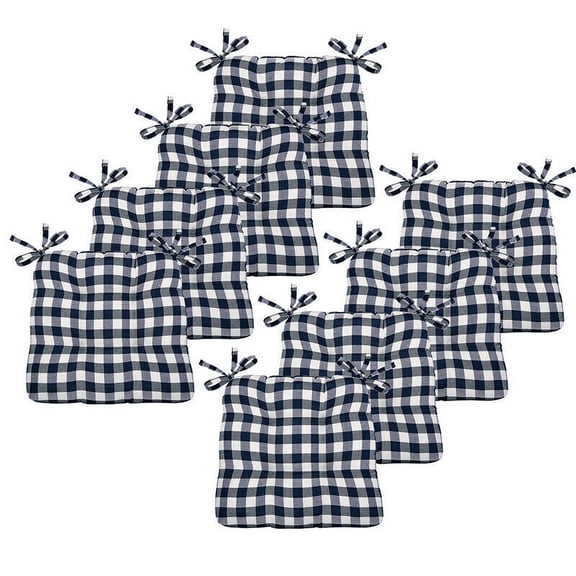 8 Pack Country Farmhouse Plush Buffalo Plaid Checkered Chair Cushion Pads With Tear Proof Ties - Navy Blue